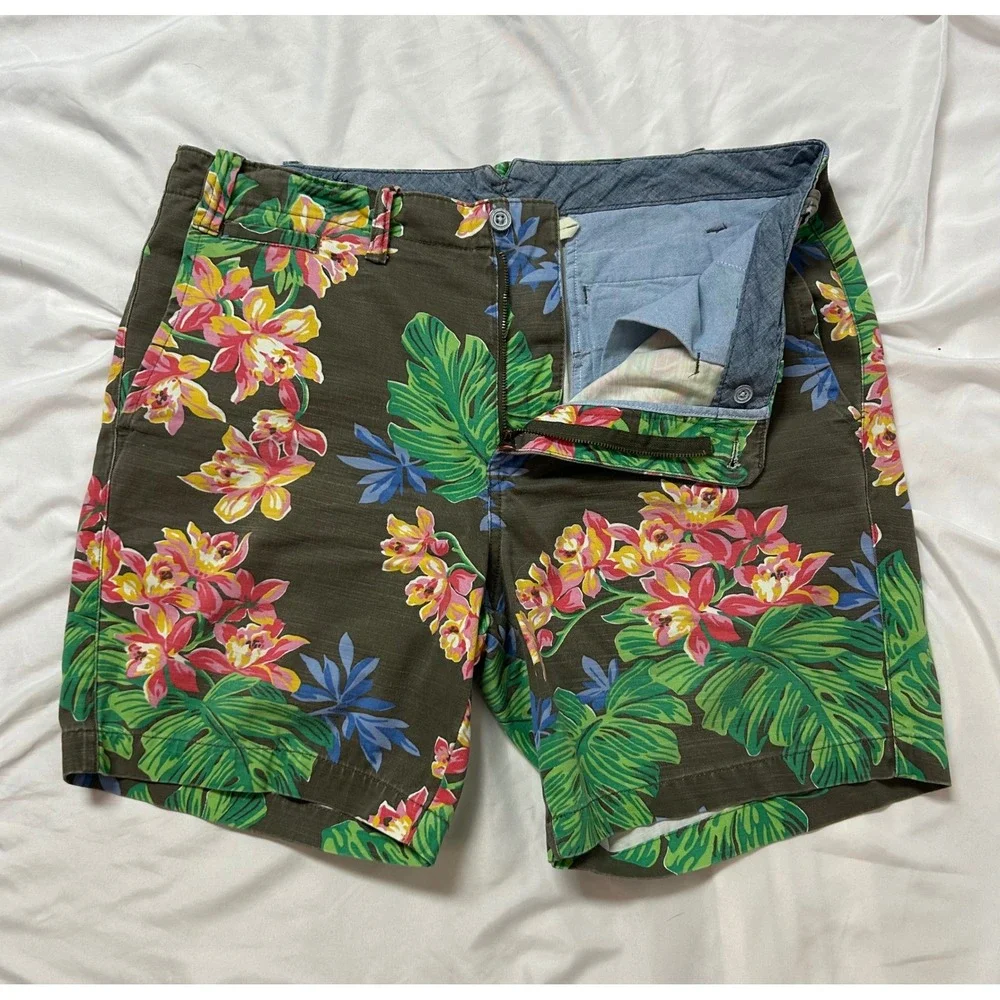 Polo Ralph Lauren Mens 36 Tropical Floral Shorts Straight Fit Green Pink Orchid